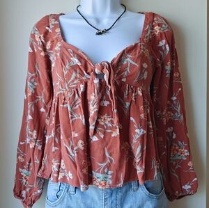 American Eagle Brown Floral Peplum Boho Crop Top